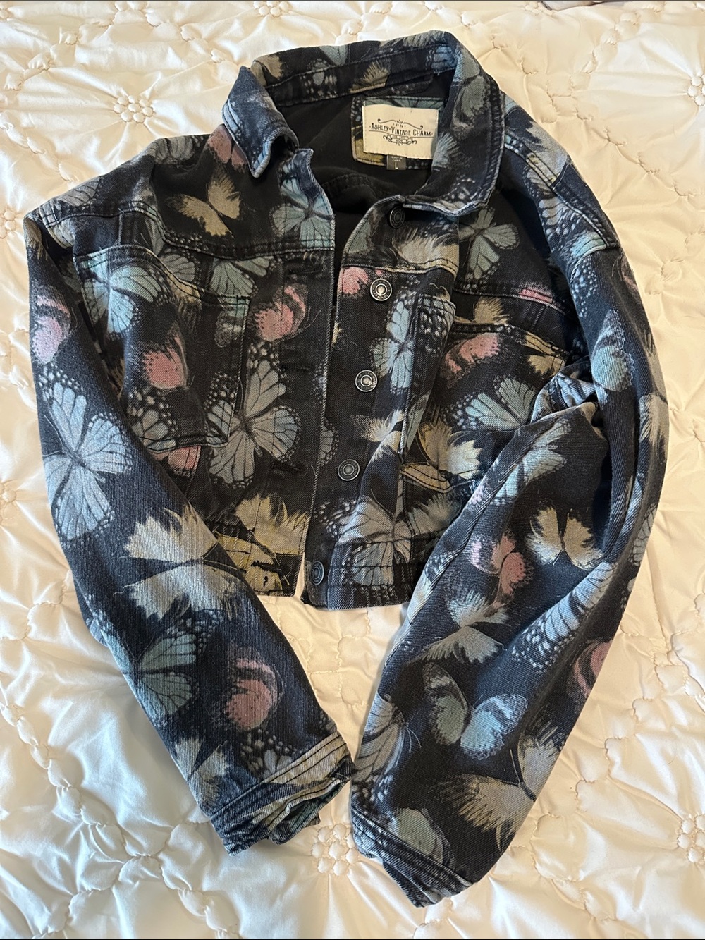 Cropped black denim butterfly jacket